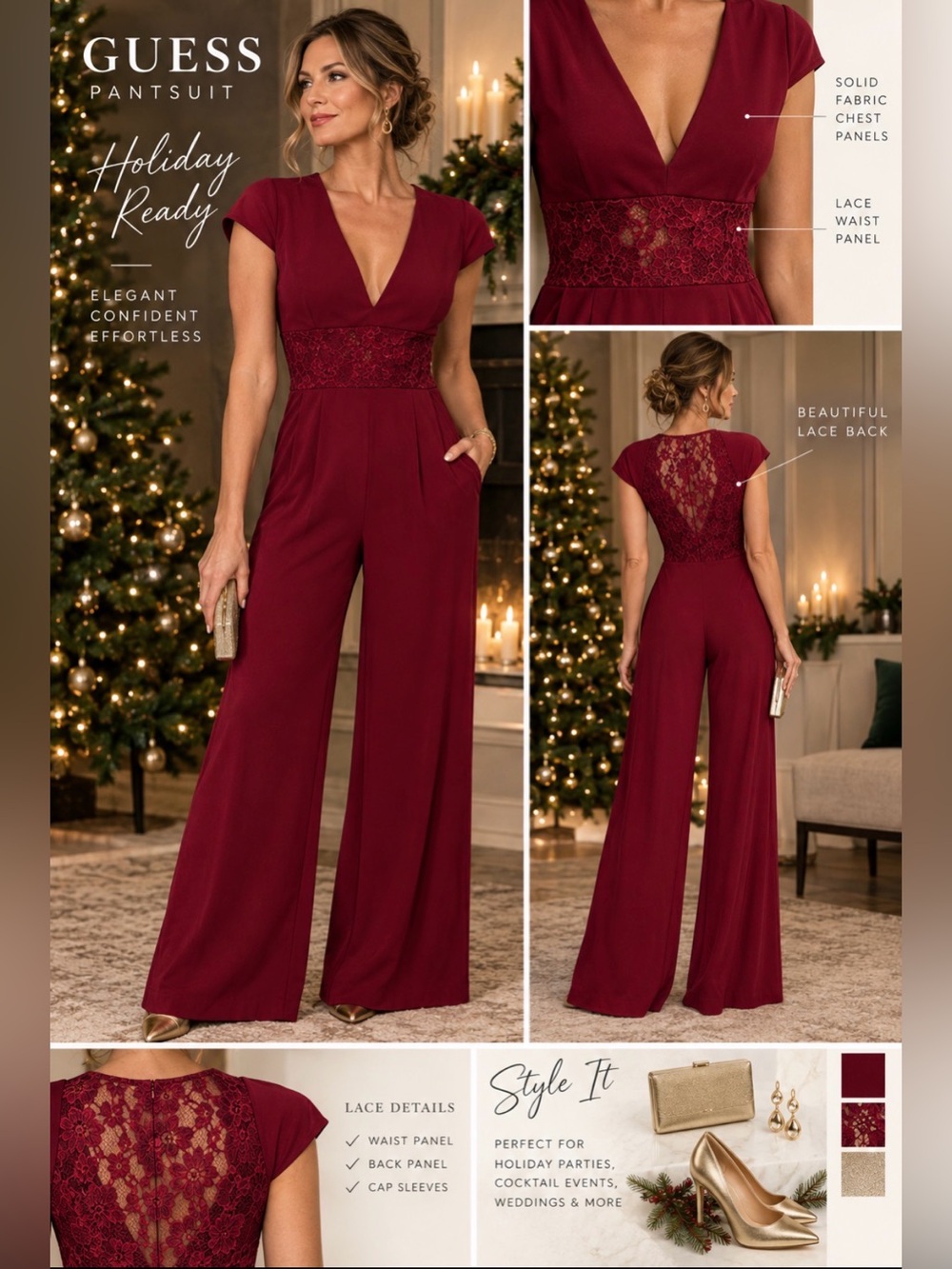 Guess Burgundy Lace Wide-Leg Jumpsuit